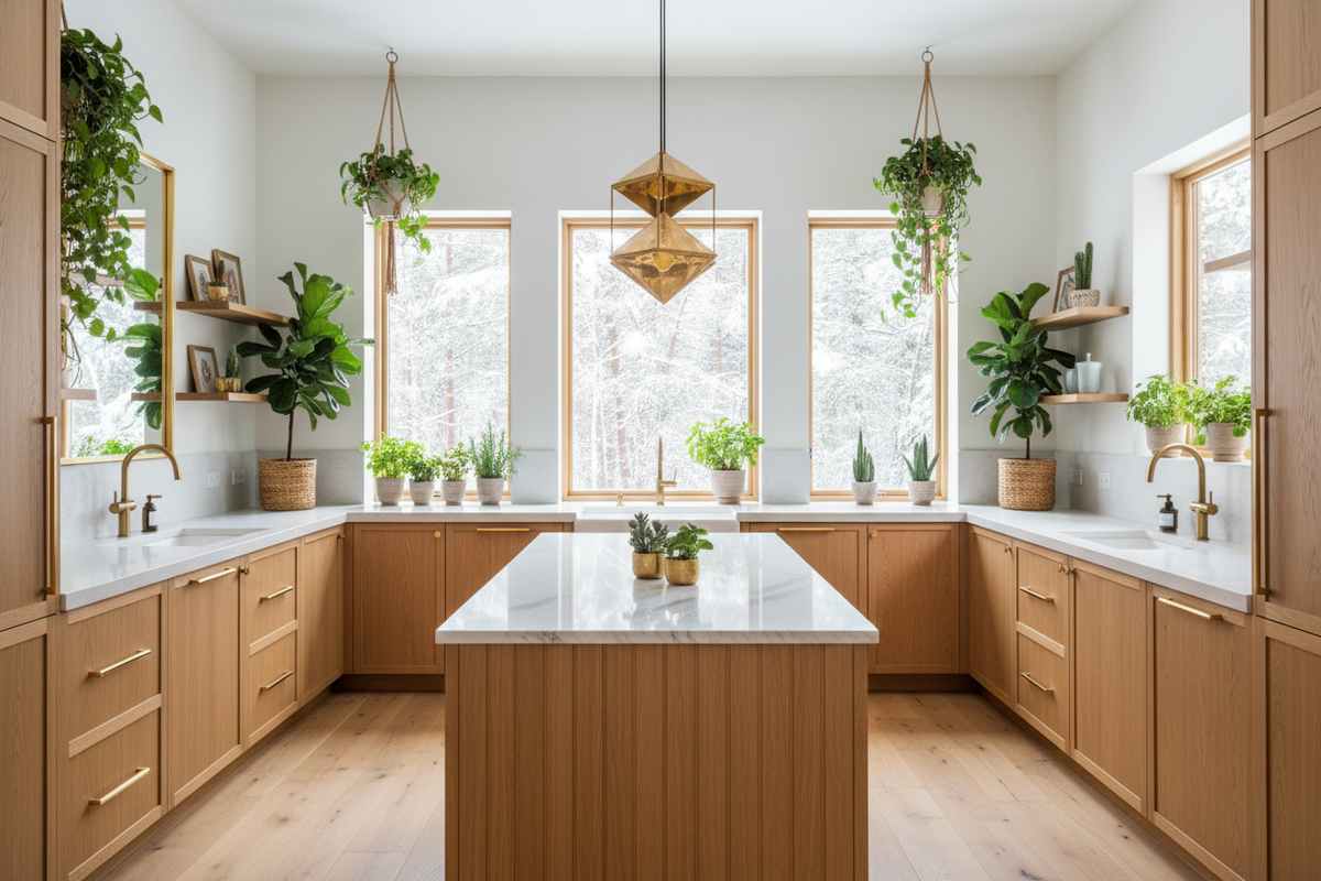 create nordic classy kitchen with a lot of golden details and lots of plants,1920×1080 pixels 